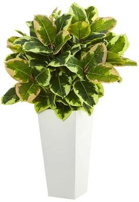 Nearly Natural Variegated Rubber Artificial Plant in White Tower Planter (Real Touch)