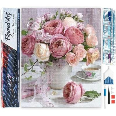 FiguredArt DP-252 - Diamond Painting, Rosenstrauß, 5D Bild (40x50cm) mit eckigen Steinen, DIY Bastelset
