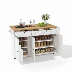 Kücheninsel 137x70x90 cm mit klappbarer Arbeitsplatte, 2 Schubladen, Gewürzregal, 6 arretierbaren Rollen und Kippschutz, Natur Weiß MDF