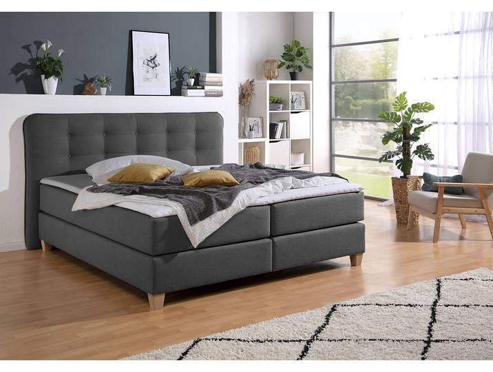 Boxspringbett, Strukturstoff, Grau (Anthrazit), 198×209 cm, Komfortschaum-Topper, Klassisch, Home-affaire