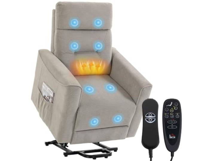 HOMCOM Elektrischer Aufstehsessel mit Vibrationsmassage und Wärme, Chenille-Relaxsessel, Taschenfederkern, hohe Rückenlehne, USB-Anschluss, Fernbedienung, Seitentaschen, Hellgrau
