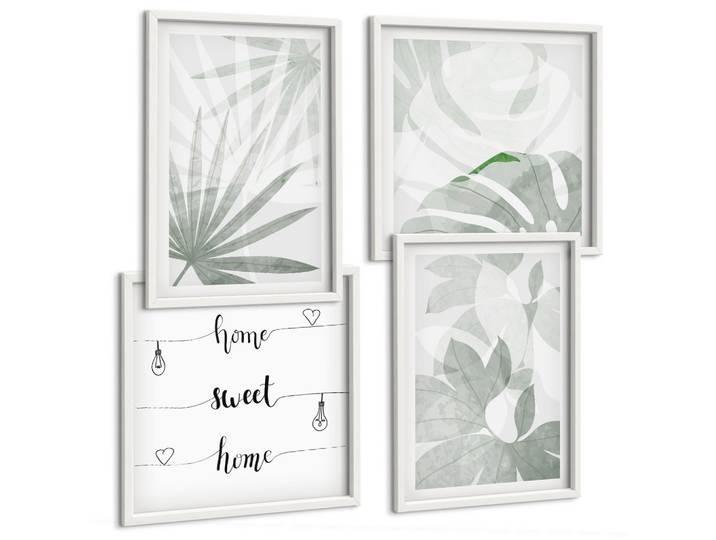 BILDER SET 4er Set - 50x50 cm & 40x60 cm Weißer Rahmen - Die Blätter der Pflanzen sind grünlich-grau.
