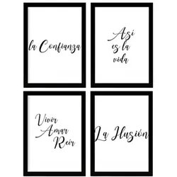 POSTER Set mit 4 Leben TypografieStil A3 Schwarzer Rahmen