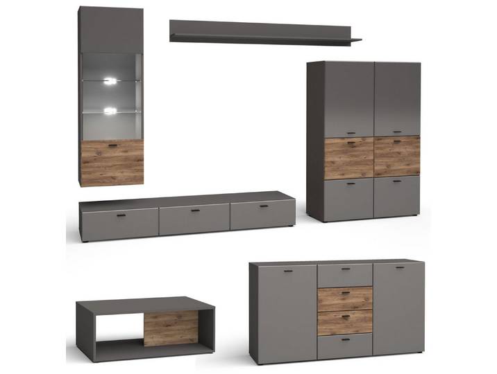 Feldmann-Wohnen Wohnwand Oviedo, (Hängevitrine, Highboard, Lowboard, Wandregal, Couchtisch, Kommode, moderne Optik, holzfarbene Akzente, Griffstücke, mit Beleuchtung), graphit matt / Flagstaff Eiche, 6-teilig