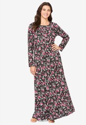 Plus Size Women's Long-Sleeve Gown by Dreams & Co. in Black Roses (Size 4X) Nightgown