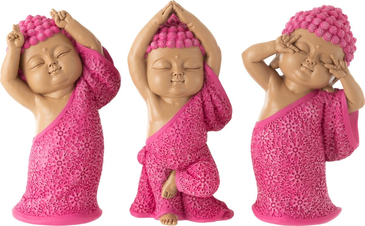 J-Line Grappige Monnik Decoratie - Polyresin - Roze - 3 stuks