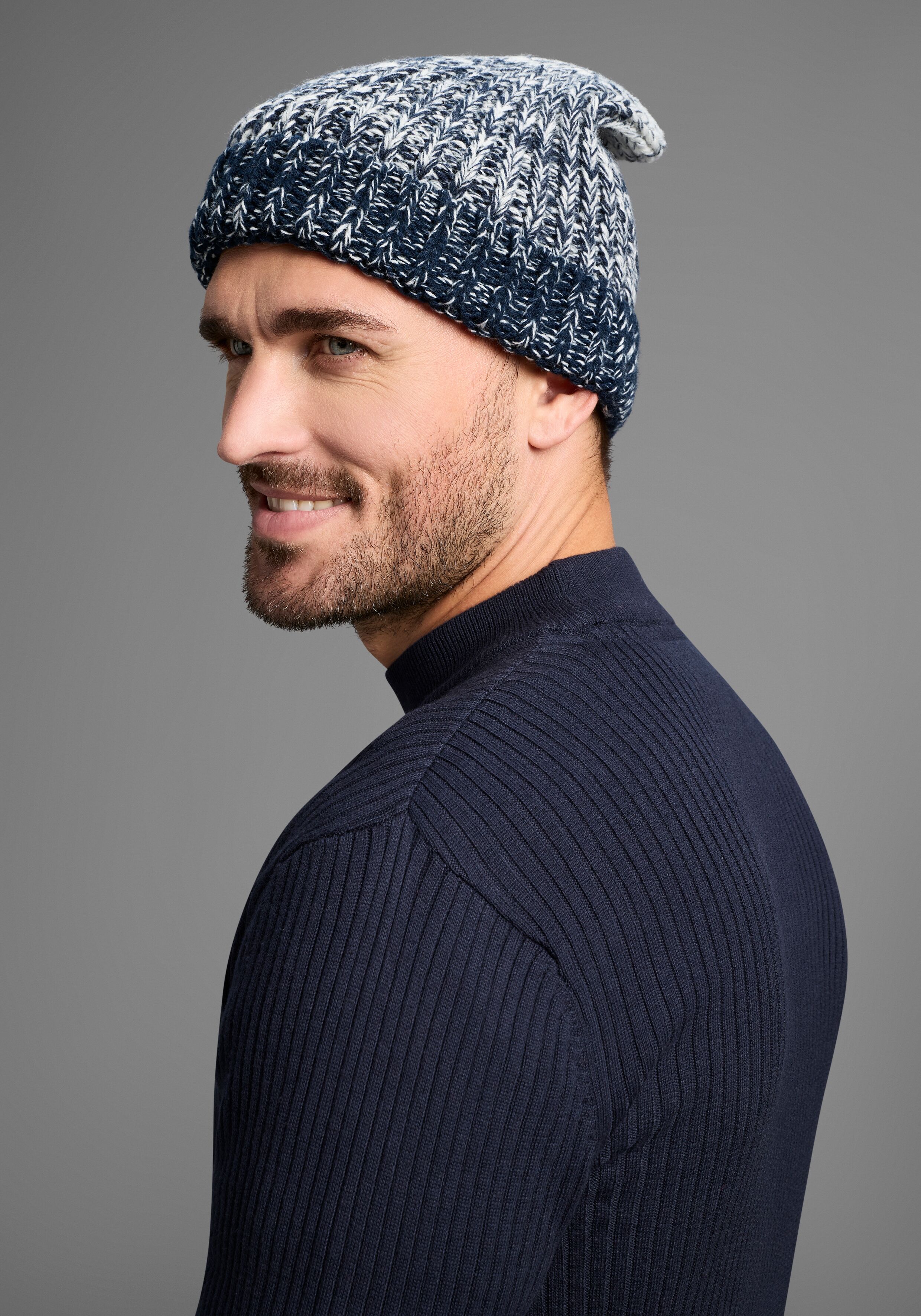Strickmütze MAN'S WORLD, Herren, blau (marine, weiß melange), Kunstfaser, gemustert, meliert, Mützen Strickmütze, in auffälliger Melange-Optik