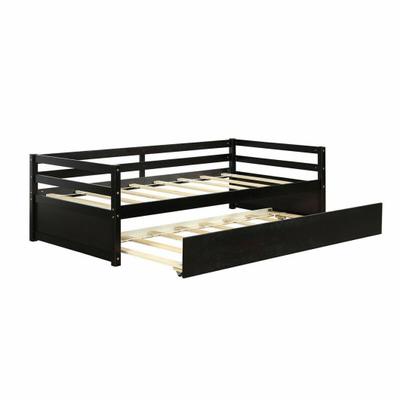 Costway Twin Size Wooden Slat Trundle Platform-Dark Brown