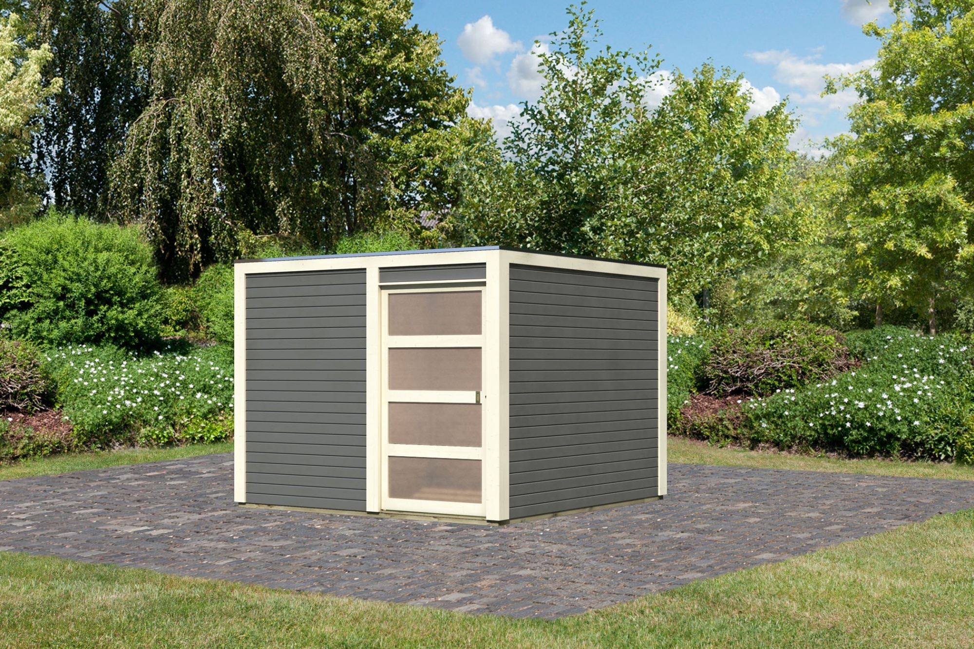 Karibu Gartenhaus Gerätehaus Qubic 2 terragrau 276x276x214 cm