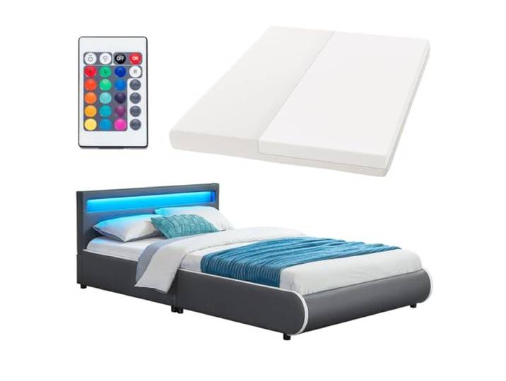 Juskys Polsterbett Sevilla 140x200 cm mit Matratze, LED Beleuchtung, Lattenrost & Kopfteil - Holz & Kunstleder - 16 Farbeinstellungen & Fernbedienung - Bett Jugendbett Einzelbett - Grau