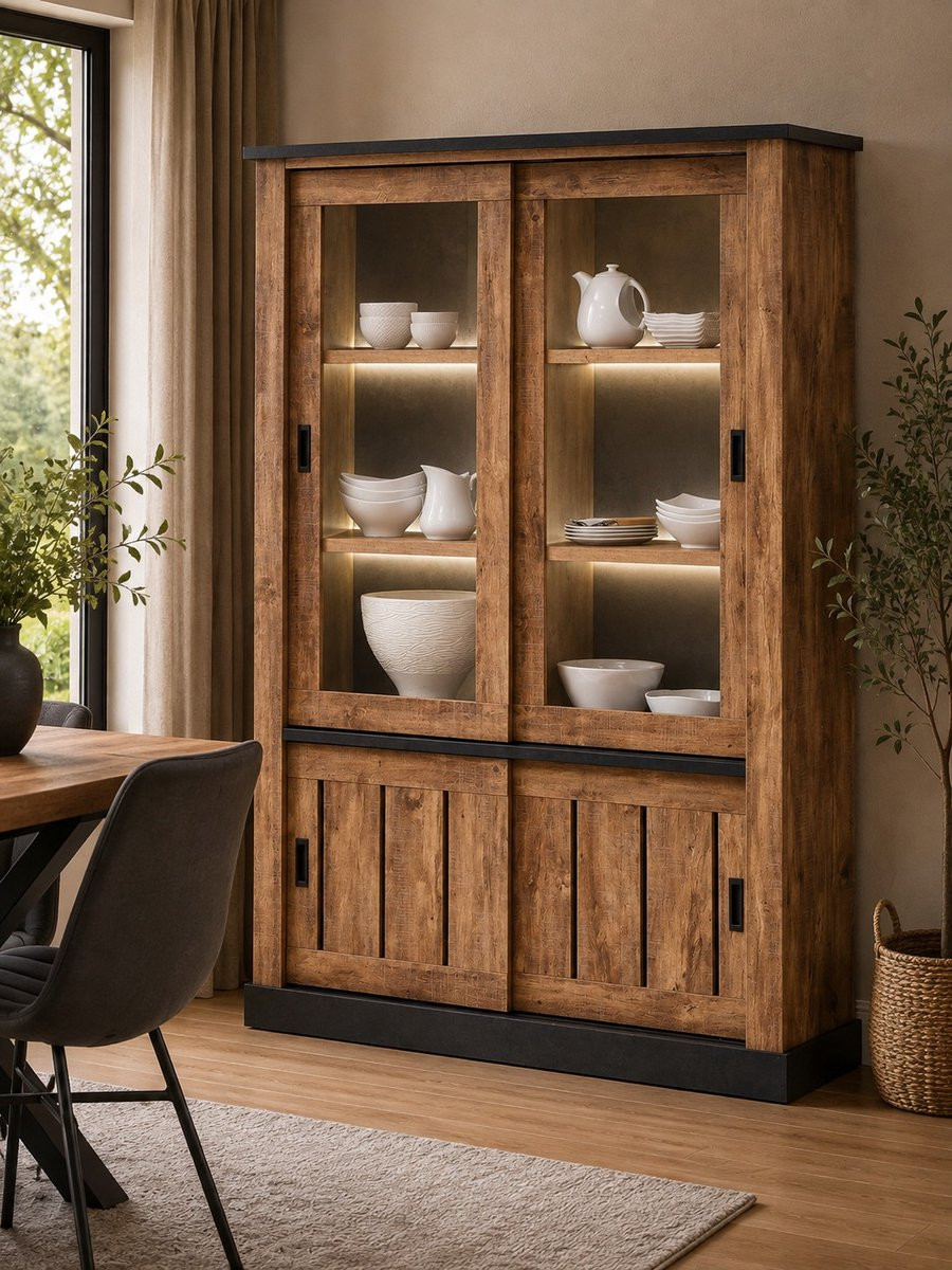Belfurn Etienne Vitrinekast met glasdeuren in mango decor en zwarte profielen