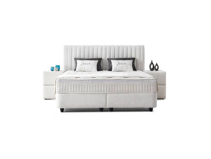 Boxspringbett 90x200 komplett mit orthopädischer Matratze, Topper & Bettkasten, Samt Creme, Laura, Belvano