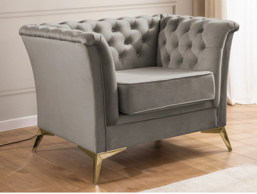S-Style Furniture Whitby Velvet Chesterfield Chair Gold/Grey 78cm H X 116cm W X 82cm D