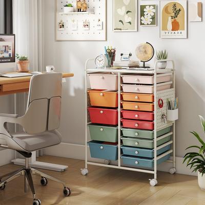 Lirago 15-Drawer Rolling Storage Cart with Metal Tabletop and Pegboard