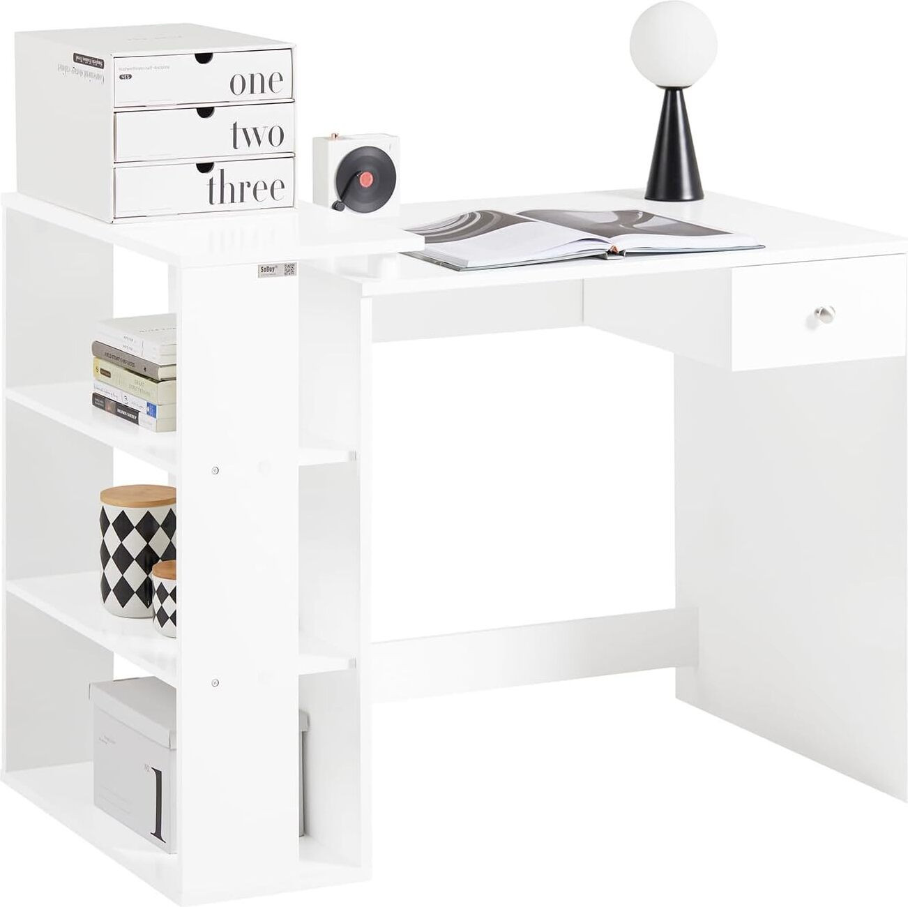 SoBuy Computerbureau met drie opbergvakken en één lade, Wit, B: 76 cm, D: 60 cm, H: 101 cm