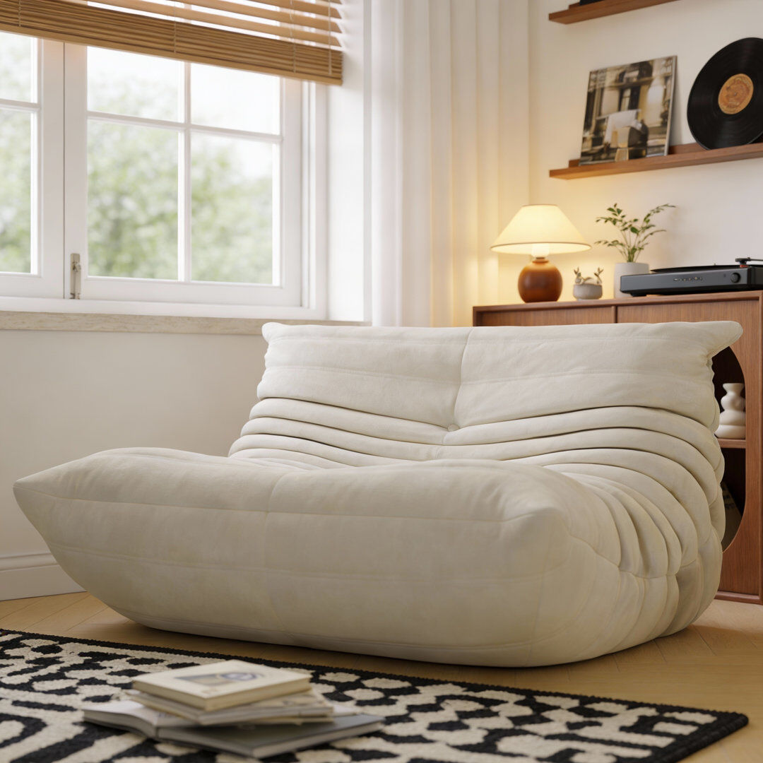 Ivy Bronx Cream Plush Fabric Two-Seater Armchair, 130cm Soft Curved Shape with High-Density Foam, No Internal Frame Beige 130cm