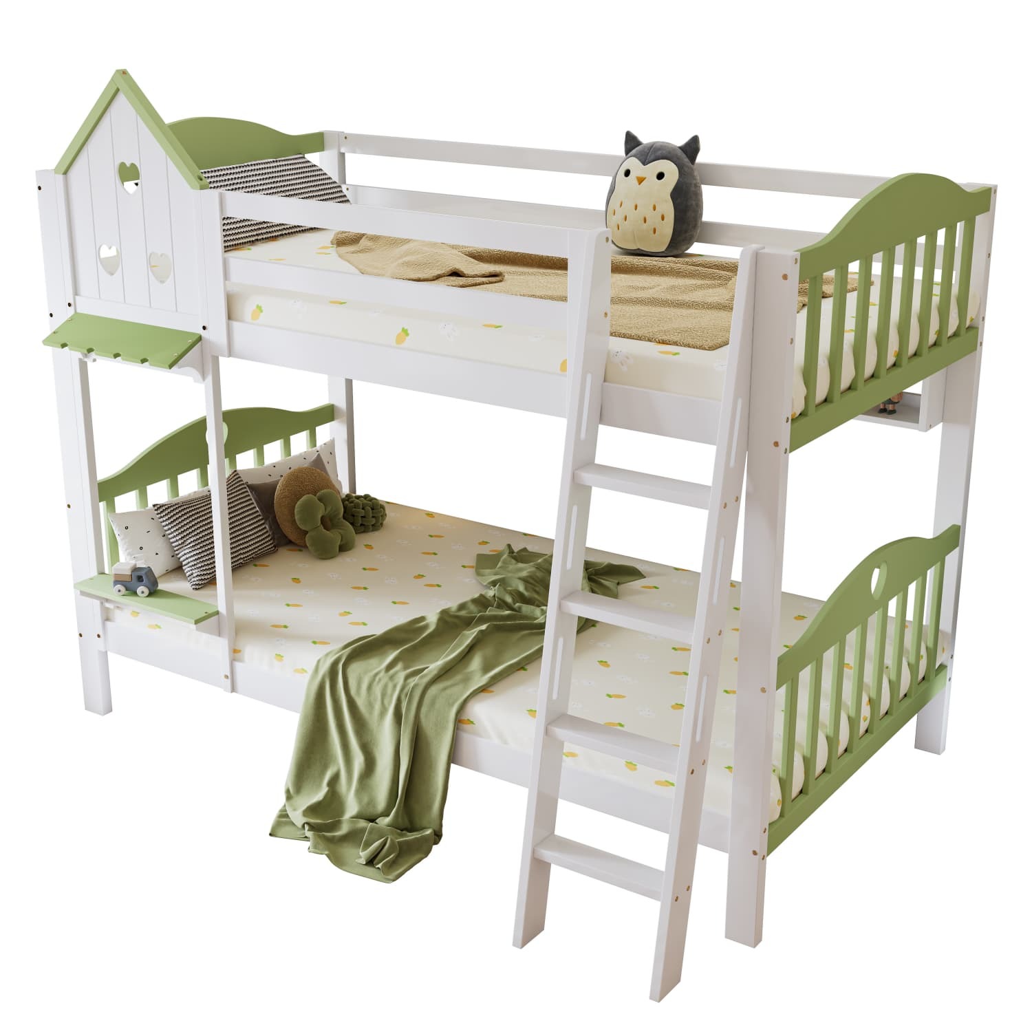Etagenbett,Kinderbett mit Fallschutz und Gitter,Mit Dach und Fenster,Offenes Regal,Exquisiter Massivholzzaun,Mit vierstufiger Leiter,Massivholzrahmen