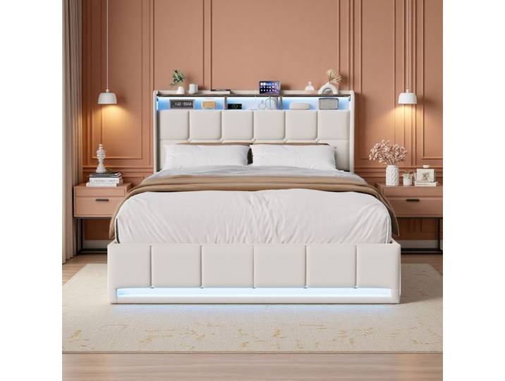 Lit 140x190 cm - RWUDV - Tête de lit avec LED et USB - litcoffre 140x190 coffre - lit coffre 140x190 - lit double avec sommier Beige