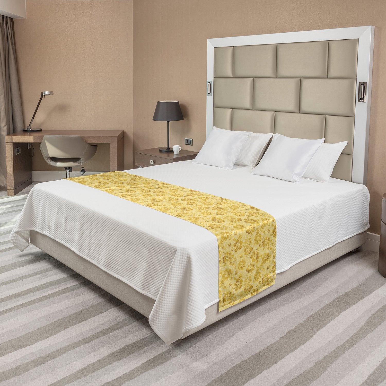 ABAKUHAUS Hawaiiaanse Bedloper met Hibiscusbloemenpatroon, Geel en Wit, King