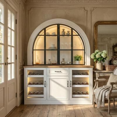 FUFU&GAGA "63"" Arched Bar Cabinet with LED Lights Wine Bar Cabinet with Glass Doors, Liquor Storage Cabinet with Wine Rack"