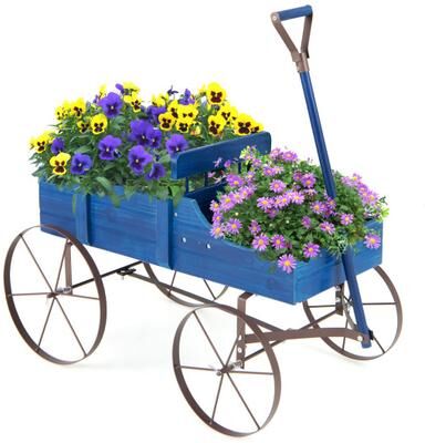 Costway Wooden Wagon Plant Bed with Metal Wheels for Garden Yard Patio-Blue
