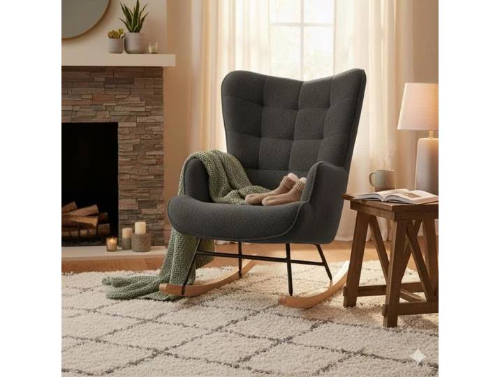 Fauteuil à Bascule - Scandinave - Dossier Capitonnée en carré - Balancelle Relaxante - 68x75x92cm - Velours Teddy Gris Foncé