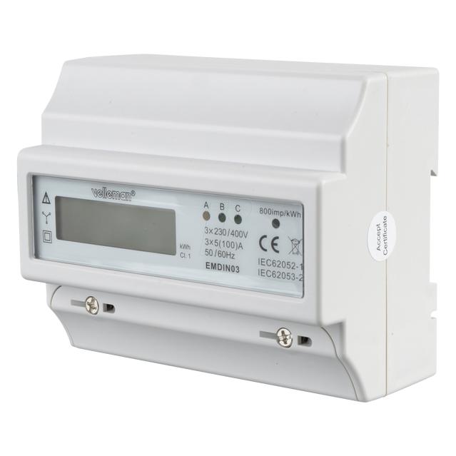 Velleman Dreiphasiges Kwh-Messgerät Für Hutschienenmontage - 7 Module - Für Professionelle Anwendung (EMDIN03)