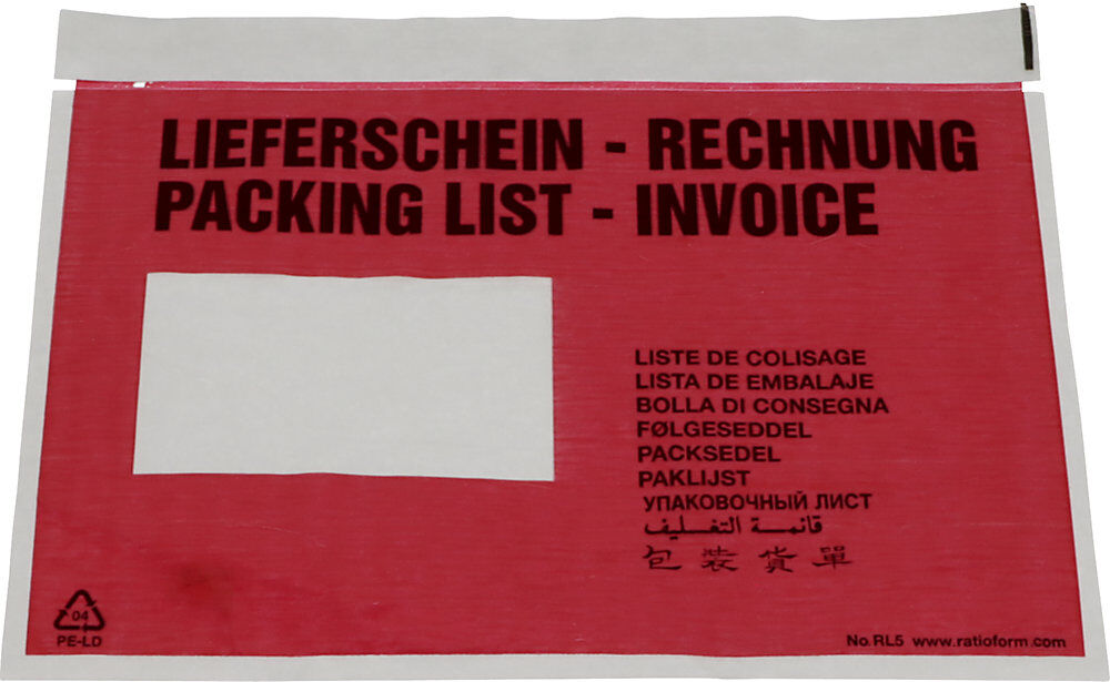 Dokumententaschen Premium light, mit Fenster, Aufdruck Lieferschein - Rechnung, VE 250 Stk, C5, Anklebeverschluss ratioform
