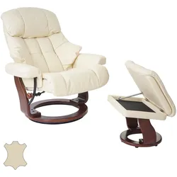 MCA Relaxsessel Windsor XXL, TV-Sessel Hocker, Echtleder 180kg belastbar ~ creme, Walnuss-Optik