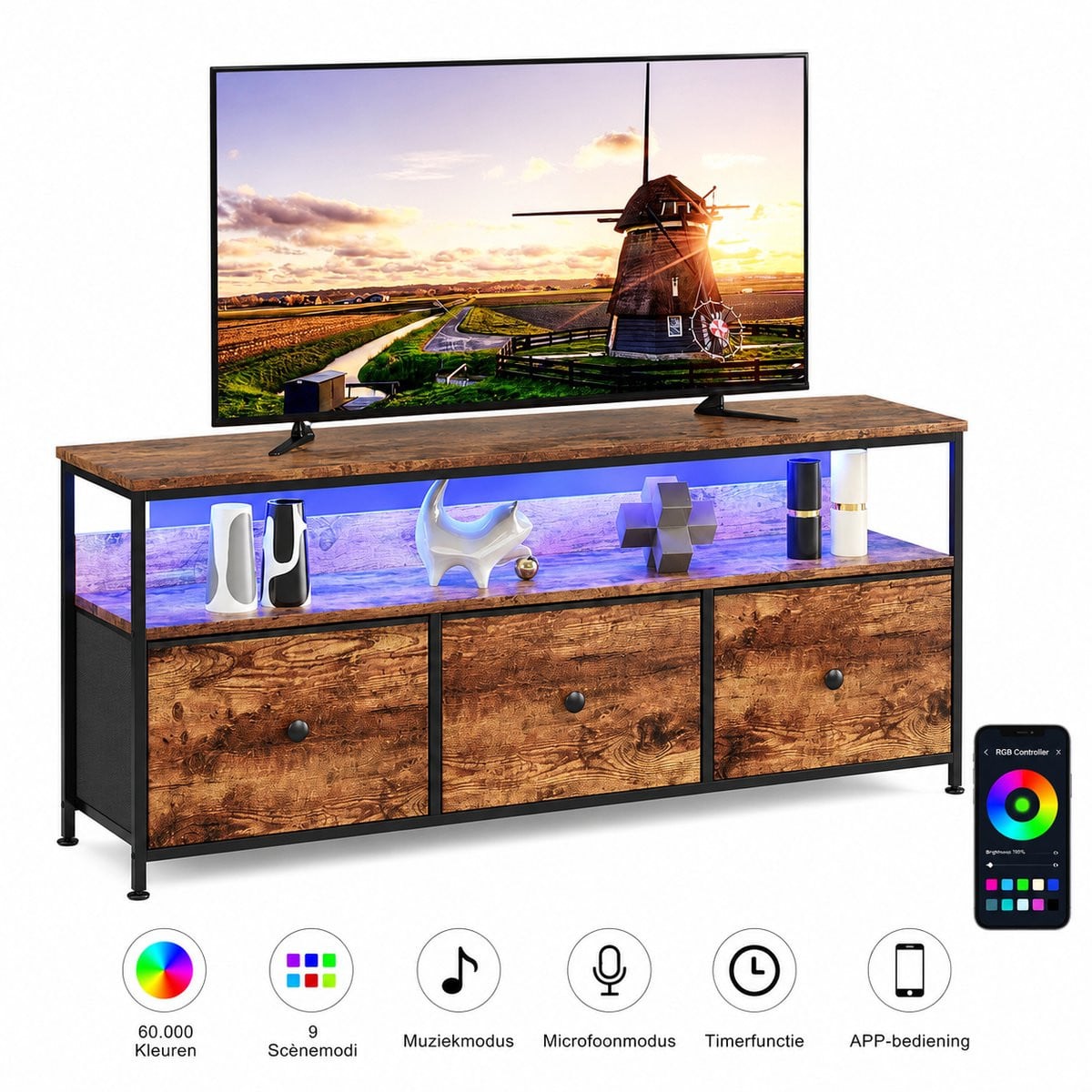 Innovastore Industrieel TV-meubel met 3 laden en geïntegreerde LED-verlichting in staal en hout