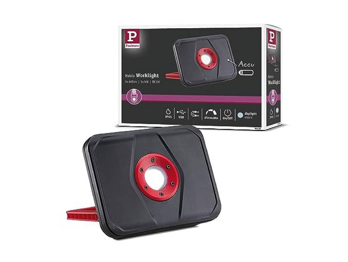 Paulmann 94287 Outdoor LED Akkuleuchte Worklight eckig incl. 1x5 Watt Mobiles Licht Schwarz, Rot Akkulampe Kunststoff Kabellos 6500 K