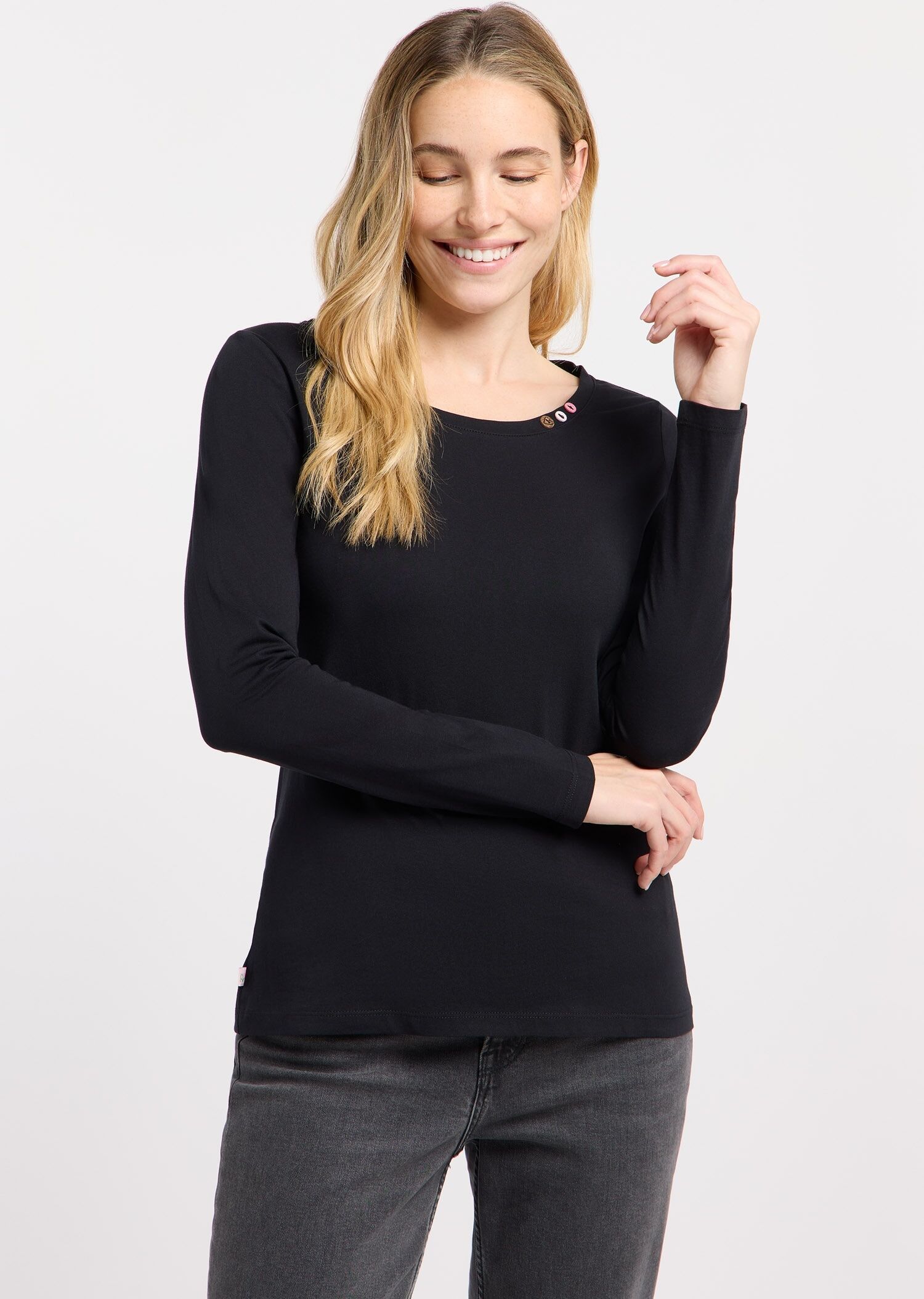 Langarmshirt RAGWEAR "FLLORAH LONG GOTS", Damen, Gr. M, schwarz, Jersey, Obermaterial: 100% Baumwolle, unifarben, normal, Rundhals, Shirts Langarmshirt, Bestseller aus Single Jersey mit softem Finish und Knöpfen schwarz M