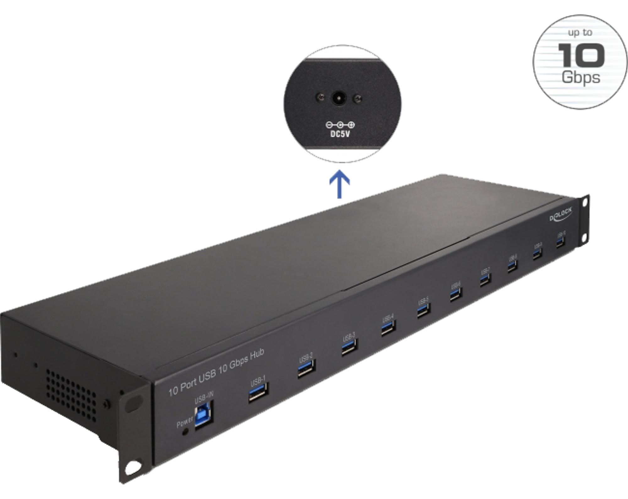 DeLOCK 19" Industrie Hub 10 x USB 10 Gbps Typ-A, USB 3.2 Gen 2(3.1 Gen 2) Type-B, USB 3.2 Gen 2 (3.1 Gen 2) Type-A, 10000 Mbit/s, Schwarz, AC, 100 - 240 V