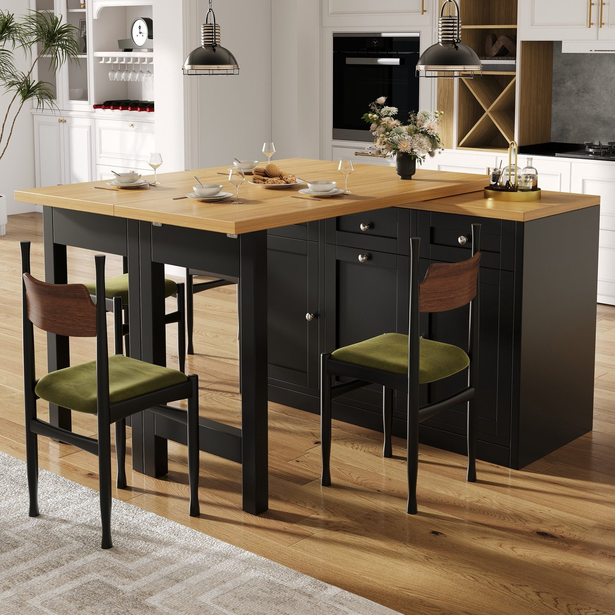 PHOEBE CAT Uitschuifbare Eettafel Bartafel met 3 Lades en Opbergruimte - Houtlook - Zwart + Naturel