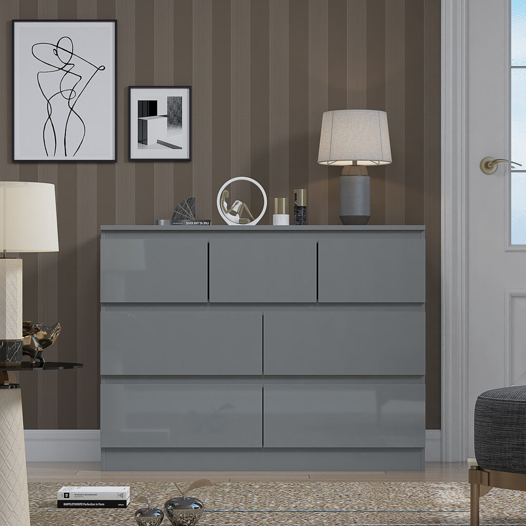 Hashtag Home Warren 7 Drawer Merchant Chest Of Drawers: 4 + 3 Configuration. Scratch Resistant. Handleless Design. 14cm Deep Drawers Grey Gloss 81cm H X 106cm W X 40cm D