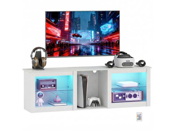 Meuble TV avec éclairage LED - HOMCOM - télévision jusqu'à 70 pouces - 160cm avec étagères en verre réglables - blanc