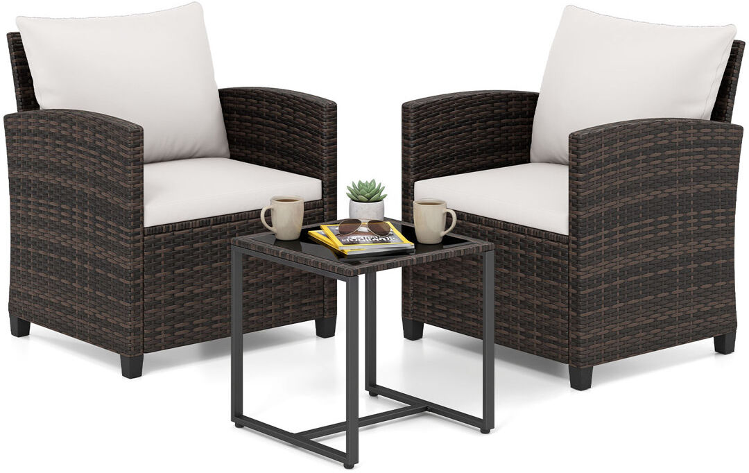 Highland Dunes 3 Pieces Patio Furniture Set PE Rattan Wicker Outdoor Bistro Conversation Set Beige 2