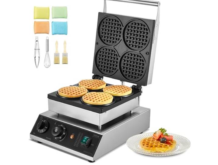 VEVOR kommerzielles Waffeleisen Waffelmaschine 1750 W antihaftbeschichtetes belgisches Waffeleisen aus Edelstahl mit Temperatur- und Zeitregelung, für Restaurant Bäckerei Snackbar 4 runde Waffeln