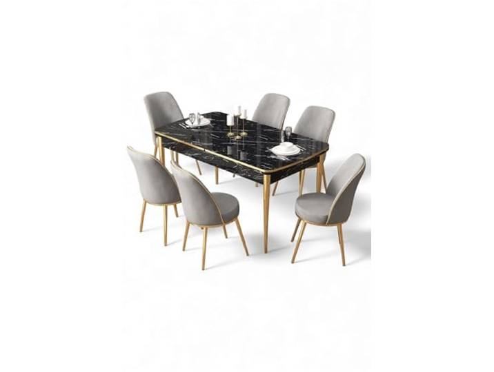 Hanah Home Extendable Dining Table & Chairs Set (7 Pieces), Black Marble & Gold, 114-144 cm 100% MDF, Metal Legs, Modern Design for Elegant Dining