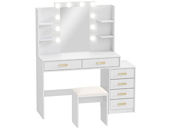 YWJ Coiffeuse Miroir Éclairé Tabouret Rembourré Blanche 6 Tiroirs Surfaces Rangement Maquillage Ensemble