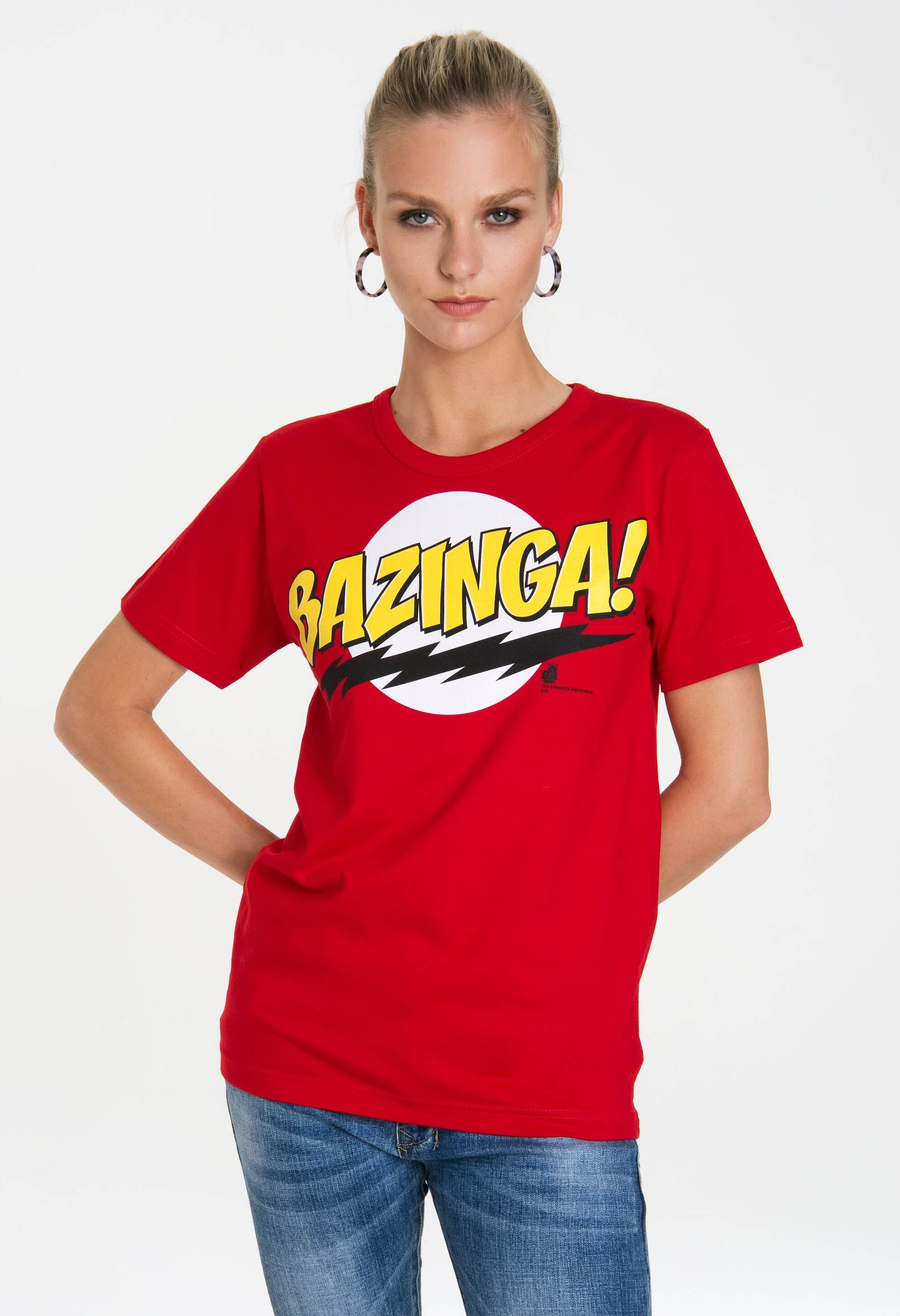 T-Shirt LOGOSHIRT "Bazinga", Damen, Gr. 5XL, rot, 100% Baumwolle, bedruckt, normal, Rundhals, Shirts T-Shirt, mit lizenziertem Frontprint
