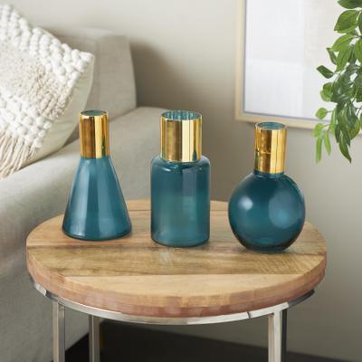 ARCILLA ELEMENTAL Blue or Gold Glass Tinted Geometric Decorative Vase with Gold Rim and Varying Shapes (Set of 3)