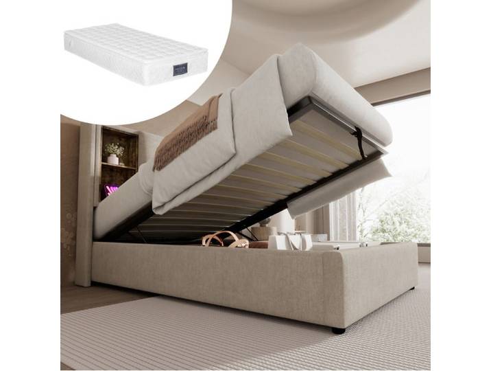 Lit enfant complet coffre 90x200 cm lit simple chargement USB sommier à lattes lin naturel avec matelas