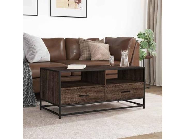 KTHLBRH Couchtisch Eiche braun 100 x 50 x 45 cm Spanplatte und Metall Großer Stauraum, Industrie-Stil, stabile Struktur, feuchtigkeitsbeständige glatte Oberfläche
