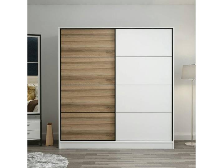 Armoire 2 penderies 6 casiers 2 tiroirs BYRON - Blanc / Chêne