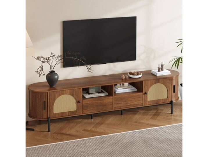 Meuble TV Ovale Effet Bois Noyer Meuble TV Moderne FloraGrace Pour Salon Avec Rangements Et Câbles 200x40x49.5cm