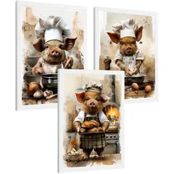 POSTER 3er Set Schwein Bäcker Wandbilder Lustiges Tier Koch Brot Backen Illustration Küche Wanddeko Weißer Rahmen A3