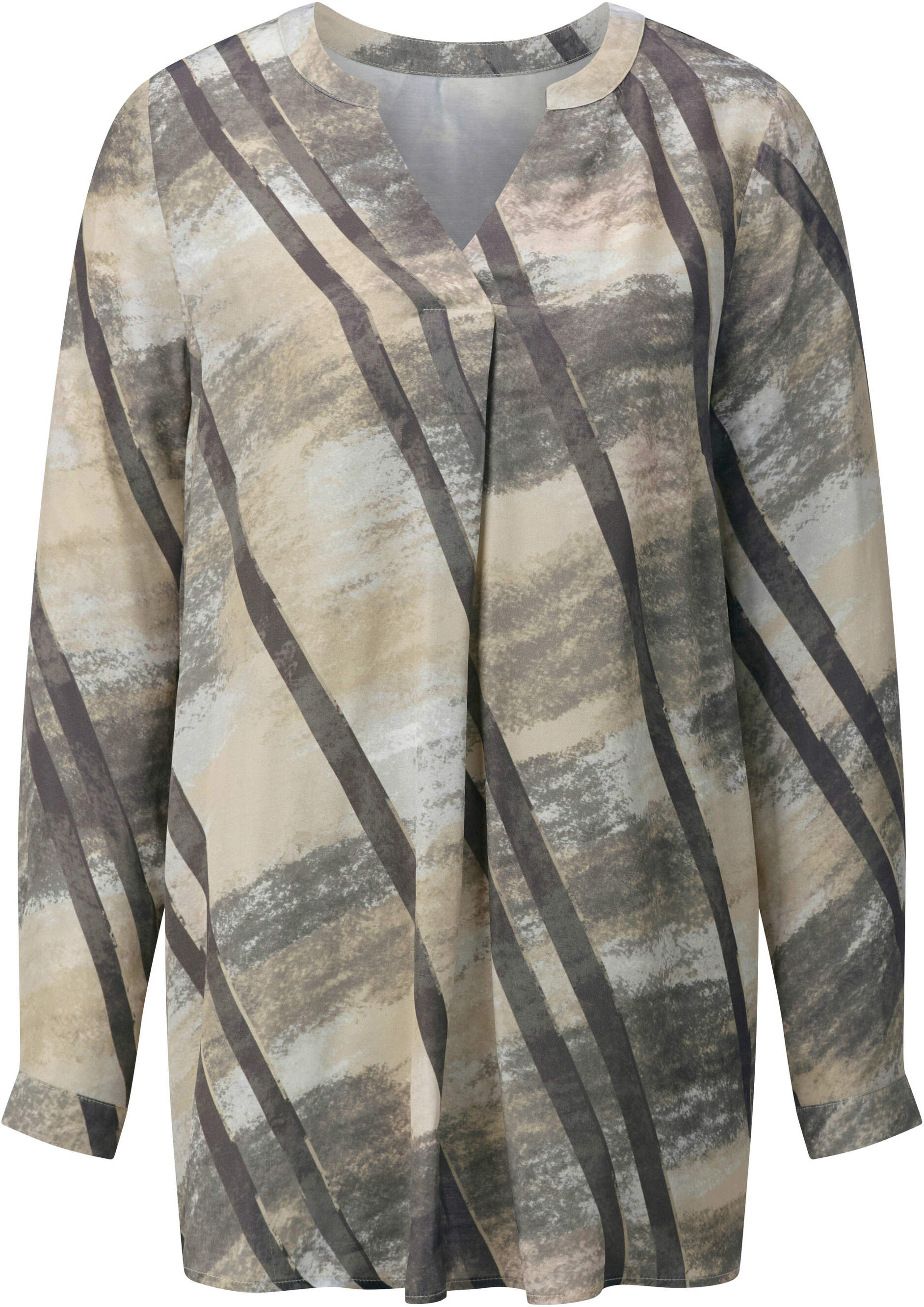 Longbluse CREATION L "Tunika Langarmbluse mit Knopfmanschetten", Damen, Gr. 36, sand, grau, bedruckt, Satin, , Modisch, V-Ausschnitt, Blusen Longbluse