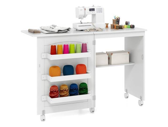 Table de Couture Pliante COSTWAY 3 Bacs et 1 Etagère de Rangement - Roulettes Verrouillables pour Salon Bureau Studio Blanc