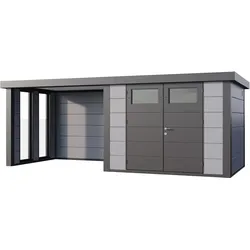 Telluria Metallgerätehaus Classico 3024 mit Lounge Anbau inkl. 2 Fenstern lichtgrau Lounge-Anbau links